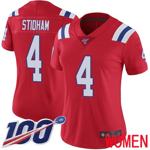 New England Patriots Limited Red Women #4 Jarrett Stidham Alternate NFL Jersey 100th Season->women nfl jersey->Women Jersey